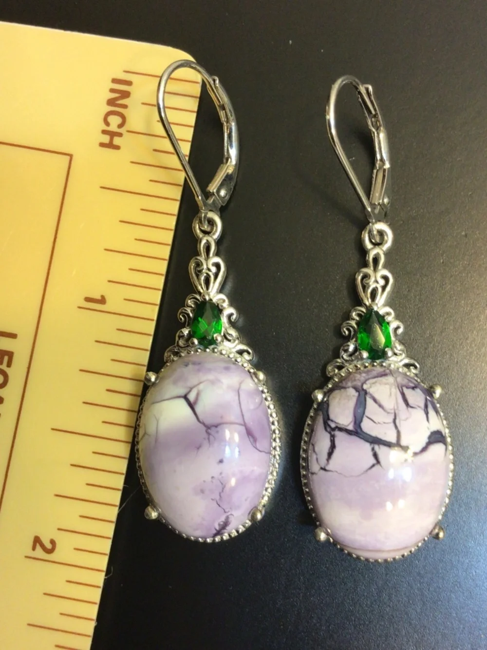 Sterling Silver 925 Ornate Dangle Earrings Oval Pink/Lavender Dendritic Opal?